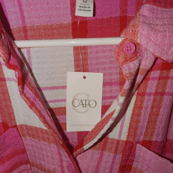 Cato Pink and Red Plaid Button-Up Shirt W/button Sleeves, Size M Nwt - Picture 4 of 6